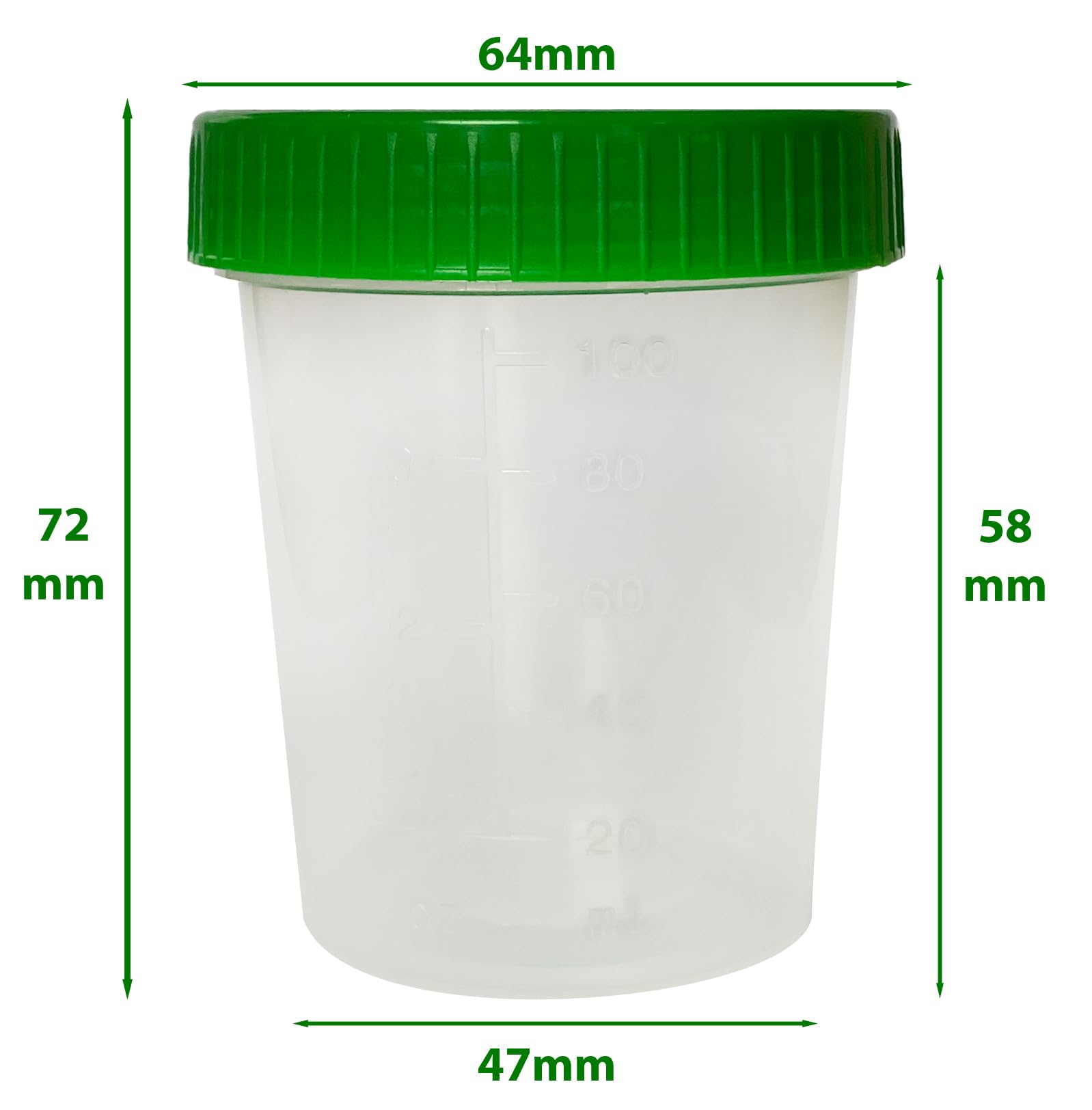Tiga-Med Bicchieri per urina/campione, 500 pezzi, 125 ml, con tappo a vite verde, graduati fino a 100 ml, scrivibili