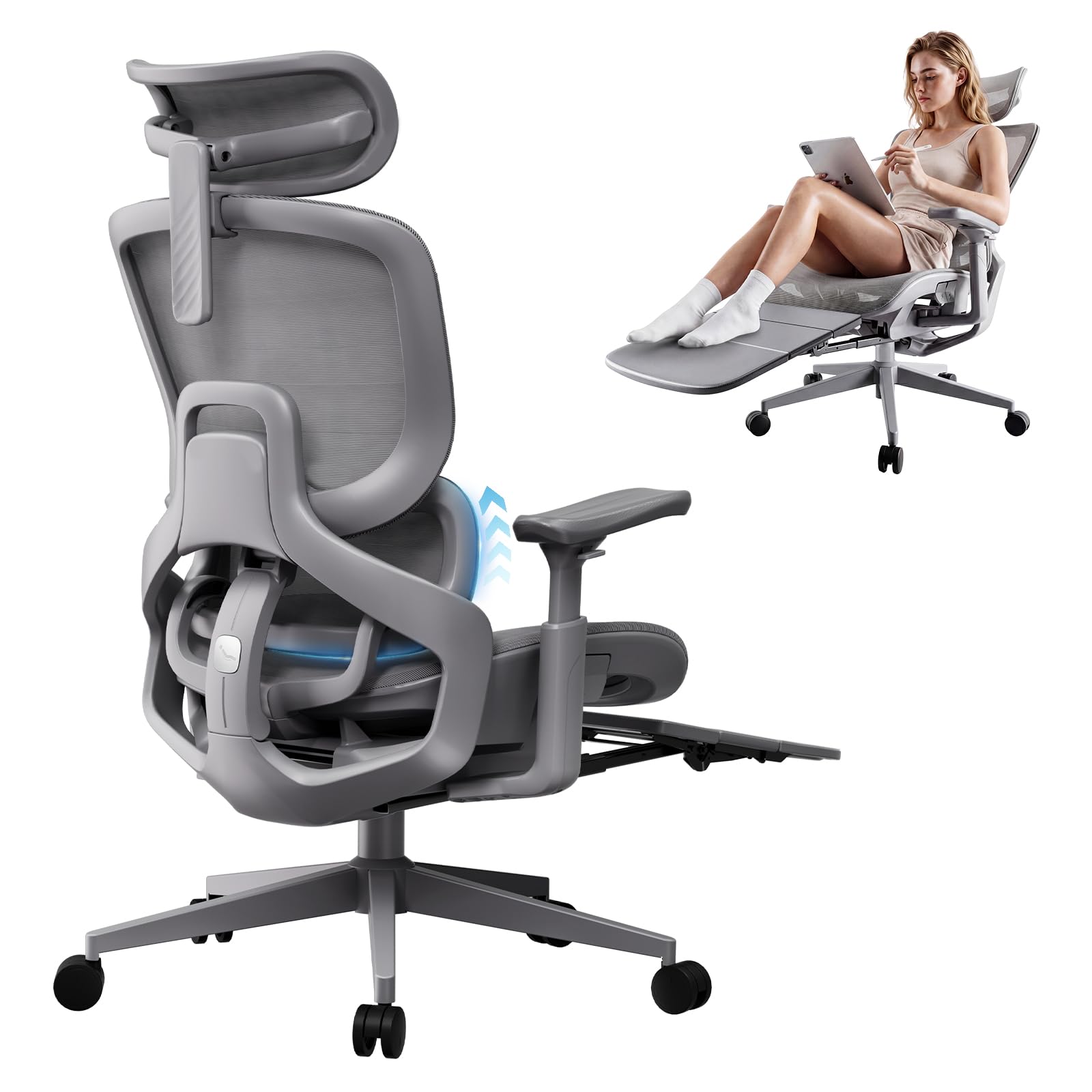 FLOW360 Ergonomic Mesh Office Chair with Footrest, Big&Tall Chair Gray MS