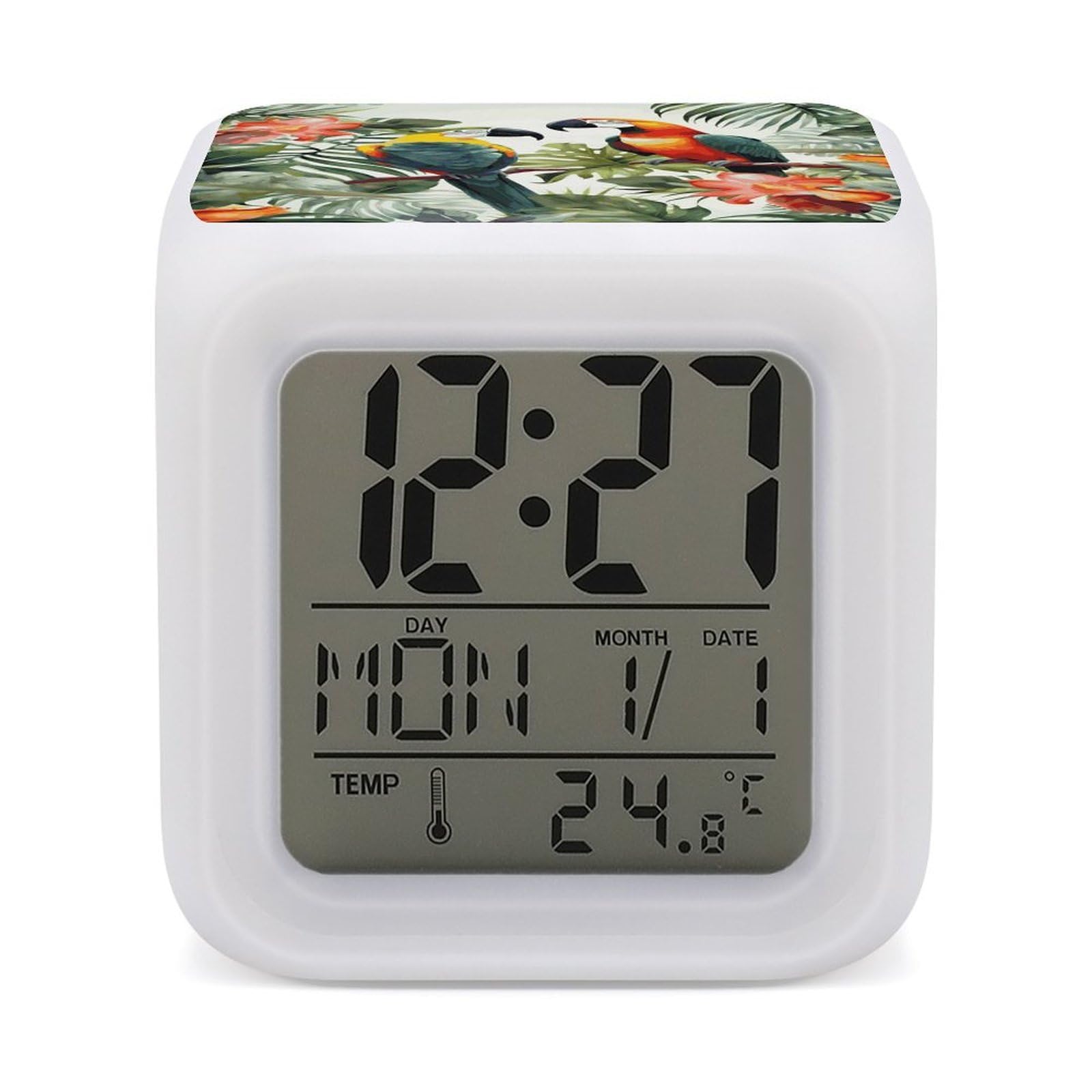 JTREHY Toucans Parrot Palm Tree Leaves Alarm Clock Seven Color Night Light Digital Clock Precision Reliable Alarms Clocks for Bedroom Heavy Sleepers Adults Gift for Men and Women