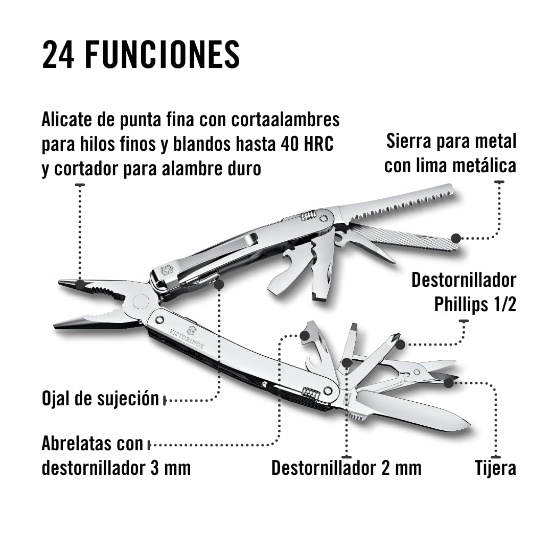 Victorinox Navaja suiza de bolsillo Swiss Tool Spirit MX Clip, 24 funciones, multiherramienta incl. alicate, destornillador, abrelatas, color plata