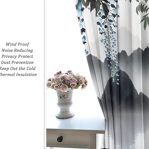 Miniatura 6 de Cortinas opacas para oscurecer la habitación con ojales, diseño de flores japonesas con ojales, arte retro de primavera y ramas florales, arte de