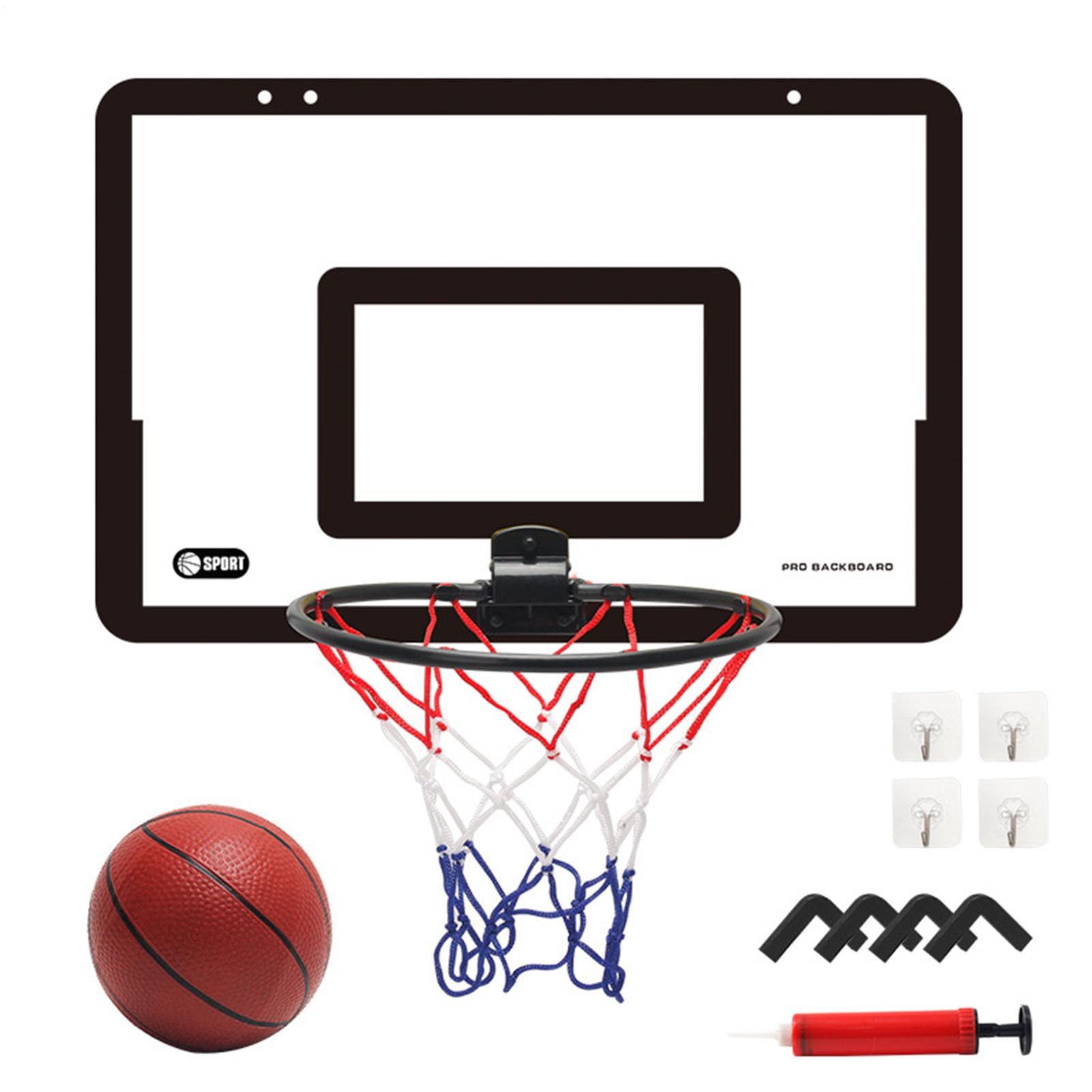 Mini canasta de baloncesto sobre la puerta, 40 x 26 x 5 cm, juego de baloncesto para interiores con pelota y bomba, cesta colgante para montaje en pared, sin taladrar, canasta de baloncesto para niños