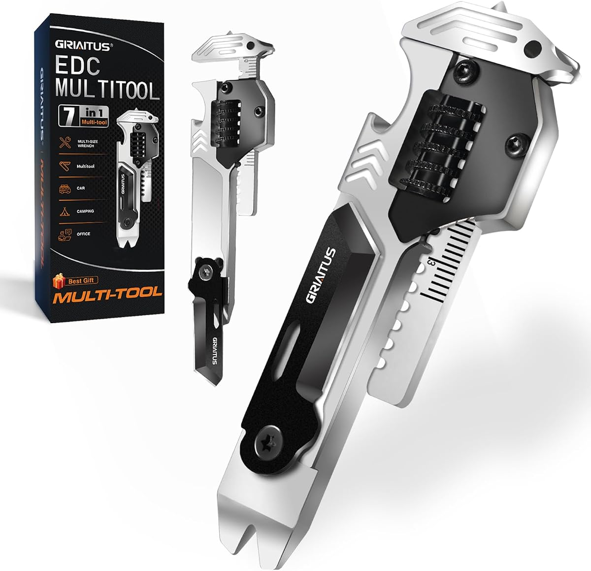 7 in 1 EDC Multitool Pry Bar Wrench and Screwdriver Gifts for Men | Bottle Opener, Car Window Breaker, Flat Phillips Screwdriver, EDC Tools for Cycling Maintenance, Outdoor Gifts for Father