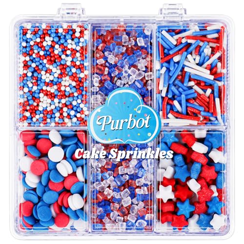 Image of Red White and Blue Sprinkles Edible, 130g /4.6oz 4th of July Sprinkles for Cake Decorating with Stars, Jimmies, Confetti, Sparkling Sugar and Nonpareils in 5-Cell, Ice Cream, Donuts, Macaron Toppings Supplies