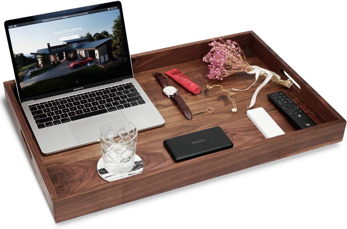 Crаzу Clеаrаnсе MAGIGO 28 x 18 Inches Extra Large Rectangle Black Walnut Wood Ottoman Tray with Handles, Serve Tea, Coffee or Breakfast in Bed, Classic Wooden Decorative Serving Tray