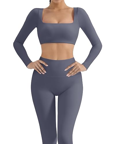 SUUKSESS Women 2 Piece Workout Sets Compression Tummy Control Leggings with Pockets Halter Built in Bra Tank Tops - Small - Navy Blue