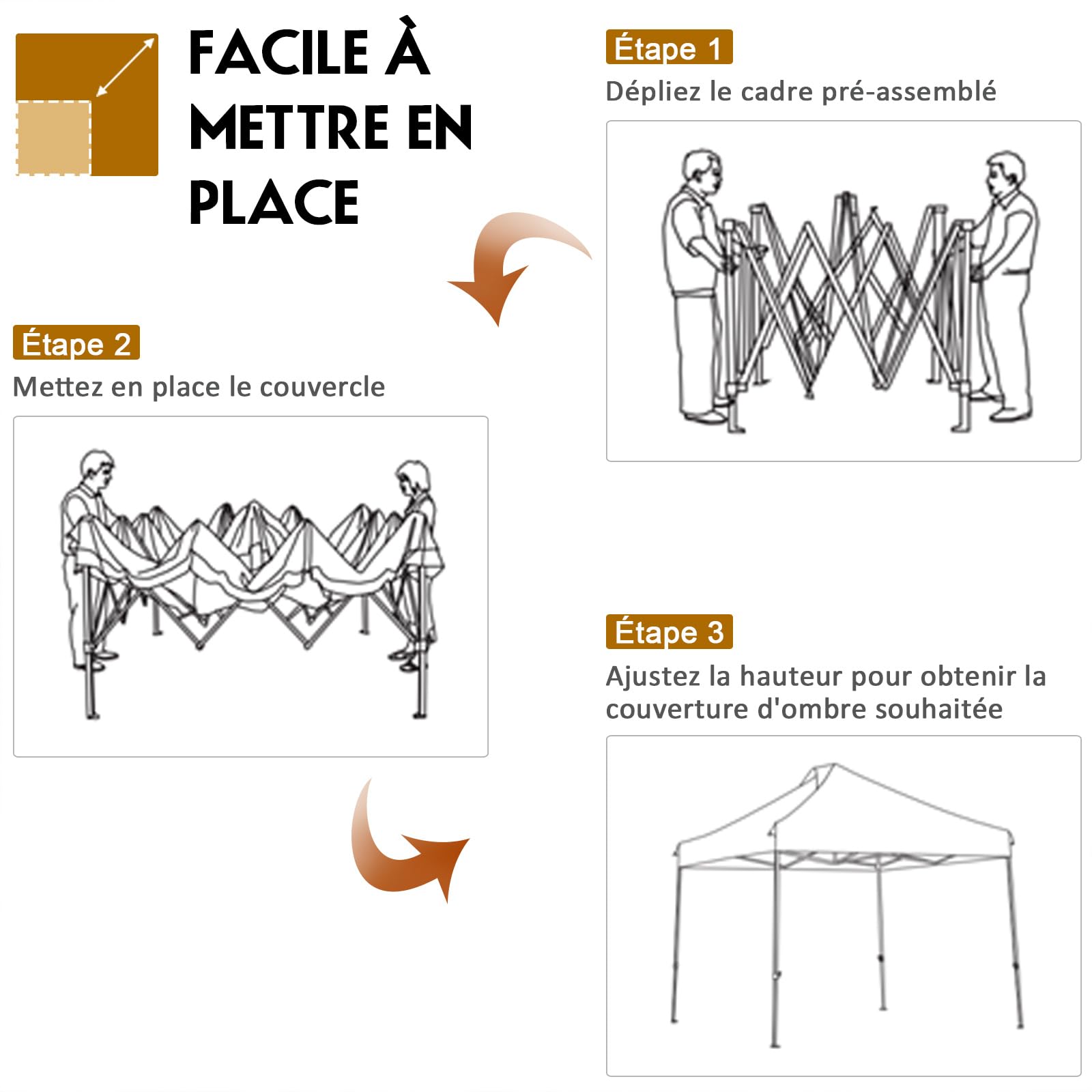 COSTWAY Tonnelle Pliable 3x3M, Tente de Jardin Imperméable Protection UV 50+, 3 Hauteurs 305/320/335 cm avec Sac de Rangement à roulettes, pour Fête Marché Patio (Blanc)