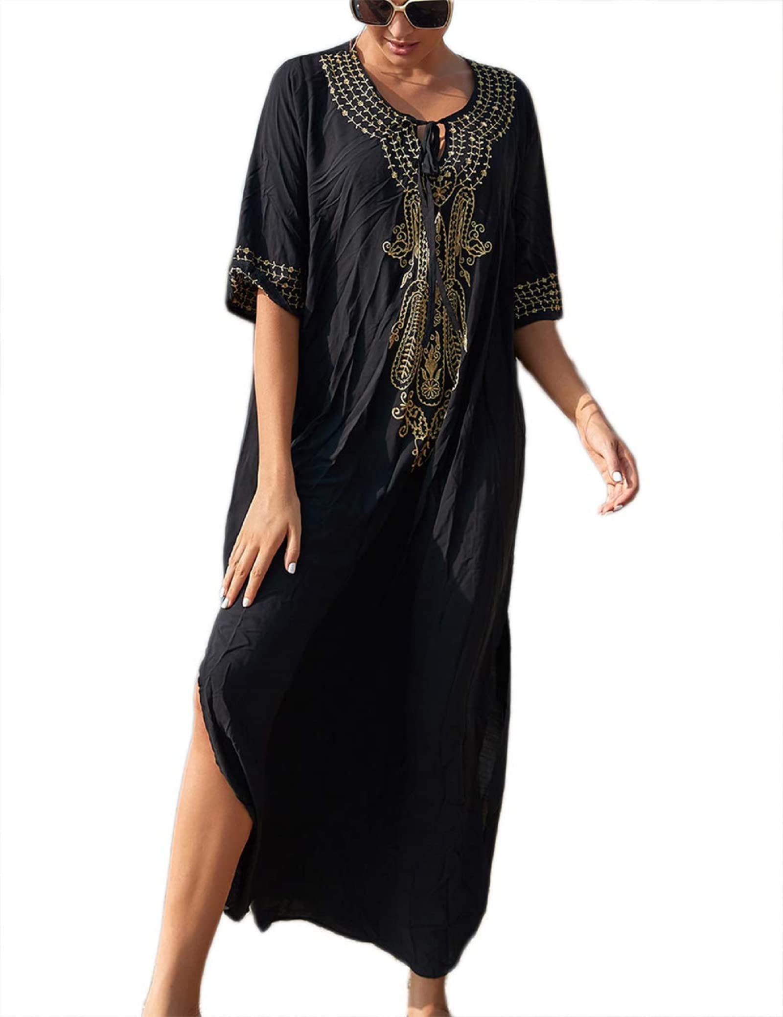 Jarseila Cárdigan Mujer Kaftan de Playa Colores Sólidos Vestido de Bikini para Verano Elegante Largo Playa Casual Traje de baño Cubrir Algodón