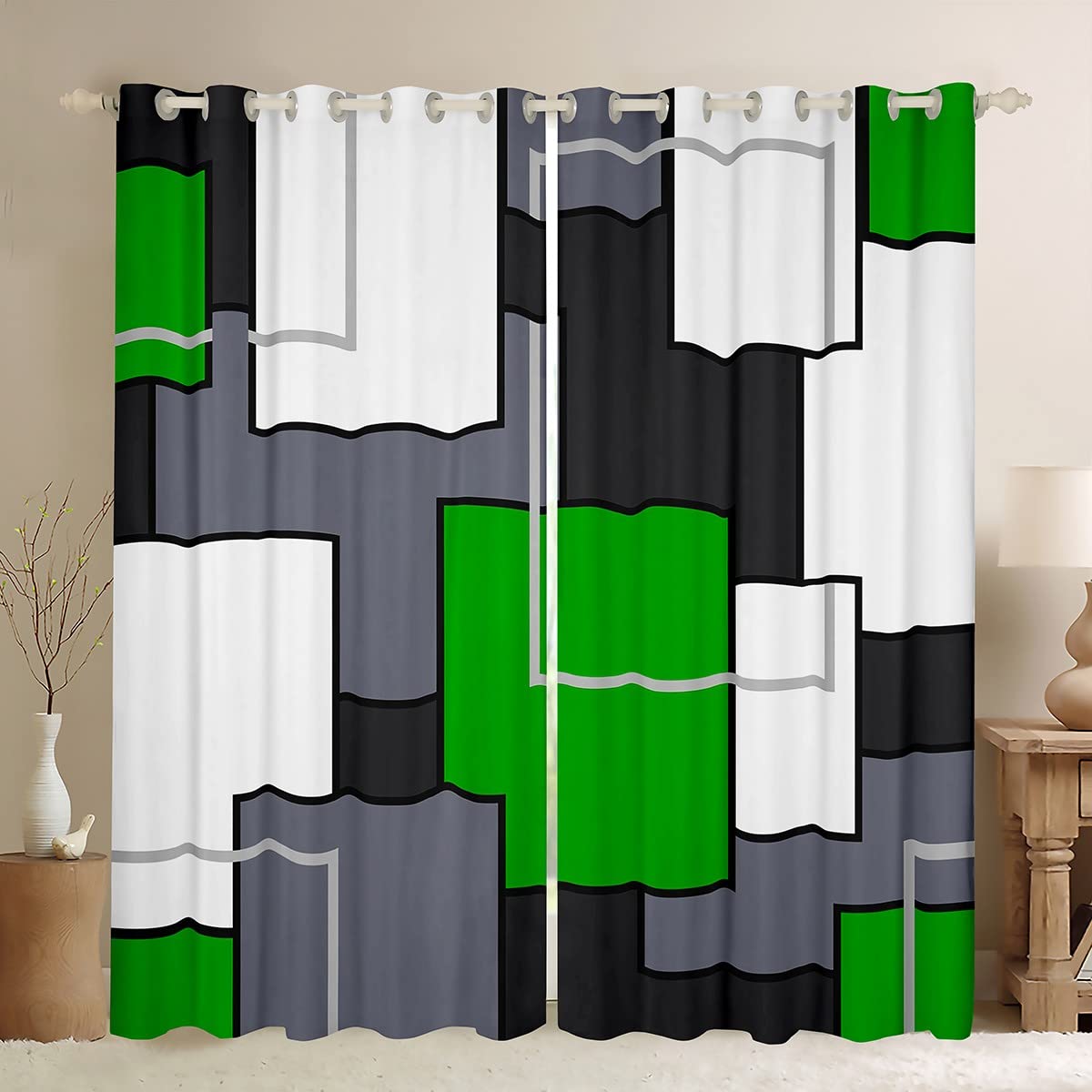 Loussiesd Geometric Curtains for Bedroom Living Room Kids Green White Grey Black Buffalo Check Blackout CurtainsDreapes Decor Stripe Line Window Treatments Modern Art W52*L63