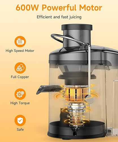 Miniatura 4 de Exprimidor, máquina exprimidora de 600 W con canal de 3 pulgadas de ancho para frutas enteras, extractor de jugo de alto rendimiento con 3