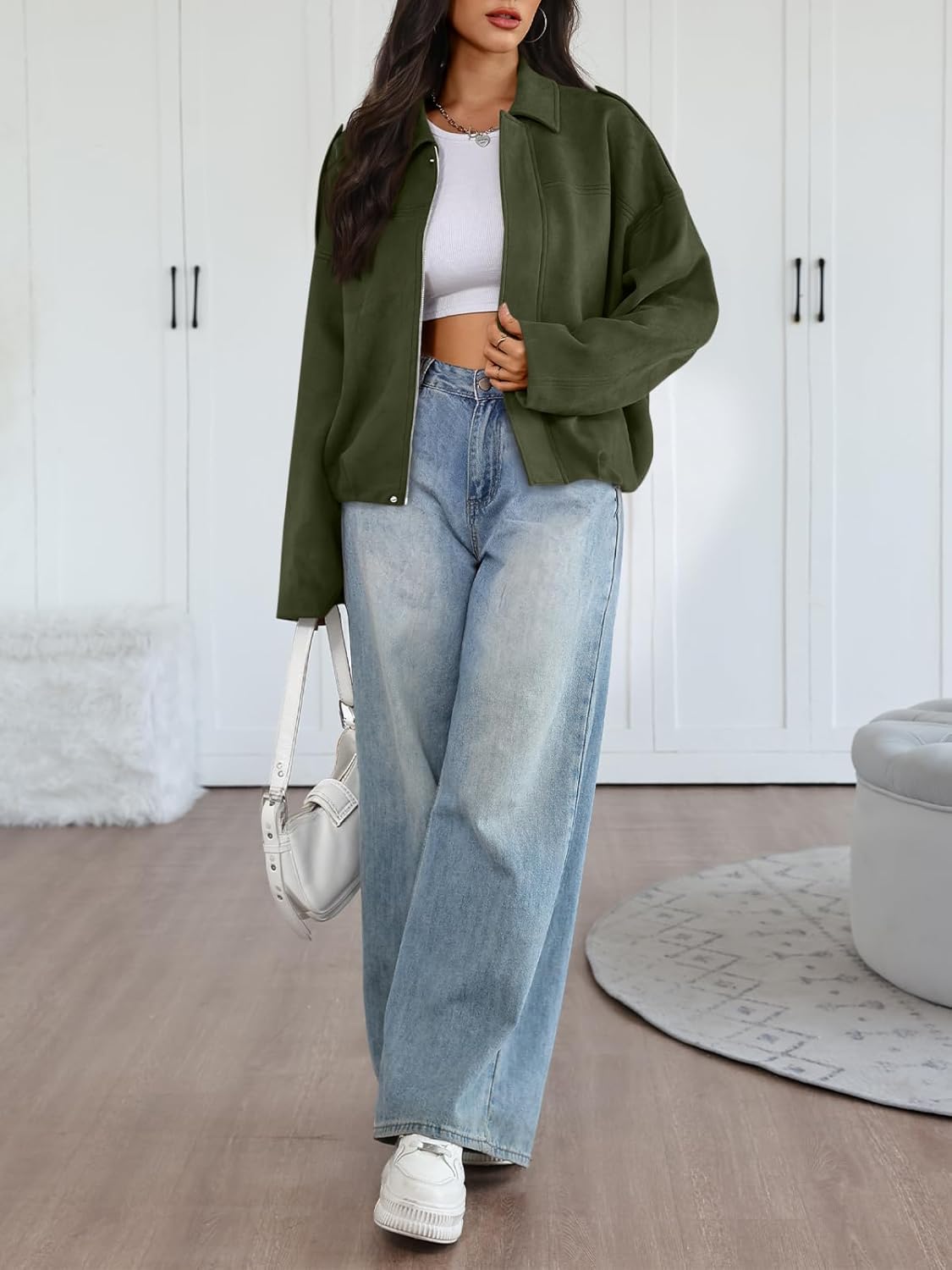 Trendy Queen Womens Faux Suede Bomber Jacket Fall Oversized Zip Up Cropped Jackets Winter Motorcycle Coat 2026 - Image 6