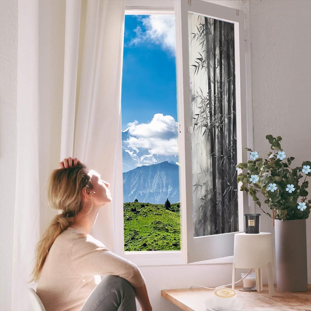 Aquarell Bambus-Sichtschutz-Fensterfolie, Vintage, botanische Malerei, statische Haftung, Fensterfolie, Zuhause, Fenster, Glas, dekorative Türabdeckung, Sonnenschutz, 90 x 160 cm
