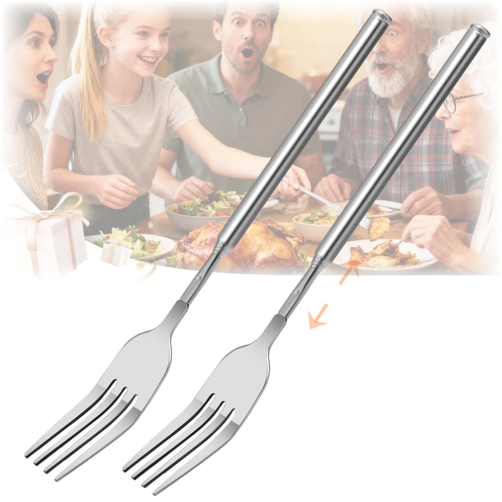 Extendable Fork Prank 2PCS，Expandable Fork Prank Joke 304 Stainless Steel with 8.7'' to 25.4'' Extendable Handle，Ideal for Christmas Party Camping Picnic for BBQ Fruit Dessert Dinner Create laughter