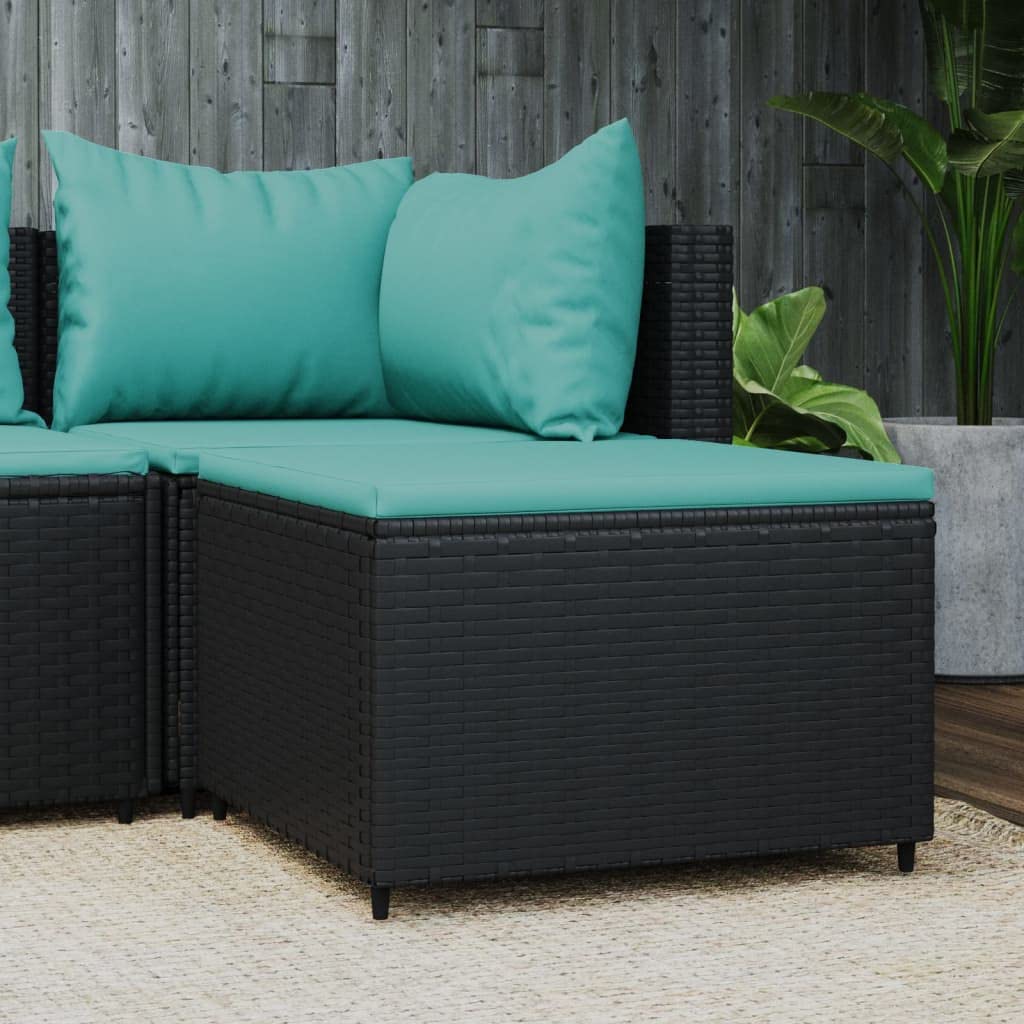 vidaXL Reposapiés de jardín con cojín ratán sintético Negro, taburetes, Taburete con almacenaje, Taburete de Exterior, otomana, Taburete de jardín