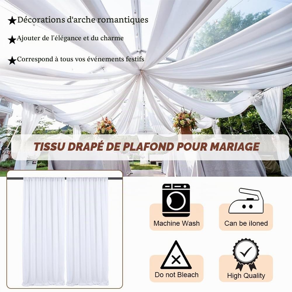 Mateju Lot de 4 Tenture Mariage Plafond Voilage Blanc Decoration Plafond Mariage Tulle Rideaux de Plafond en Mousseline de Soie pour Mariage, Arche, Fête, Cérémonie Décoration (150x600cm)