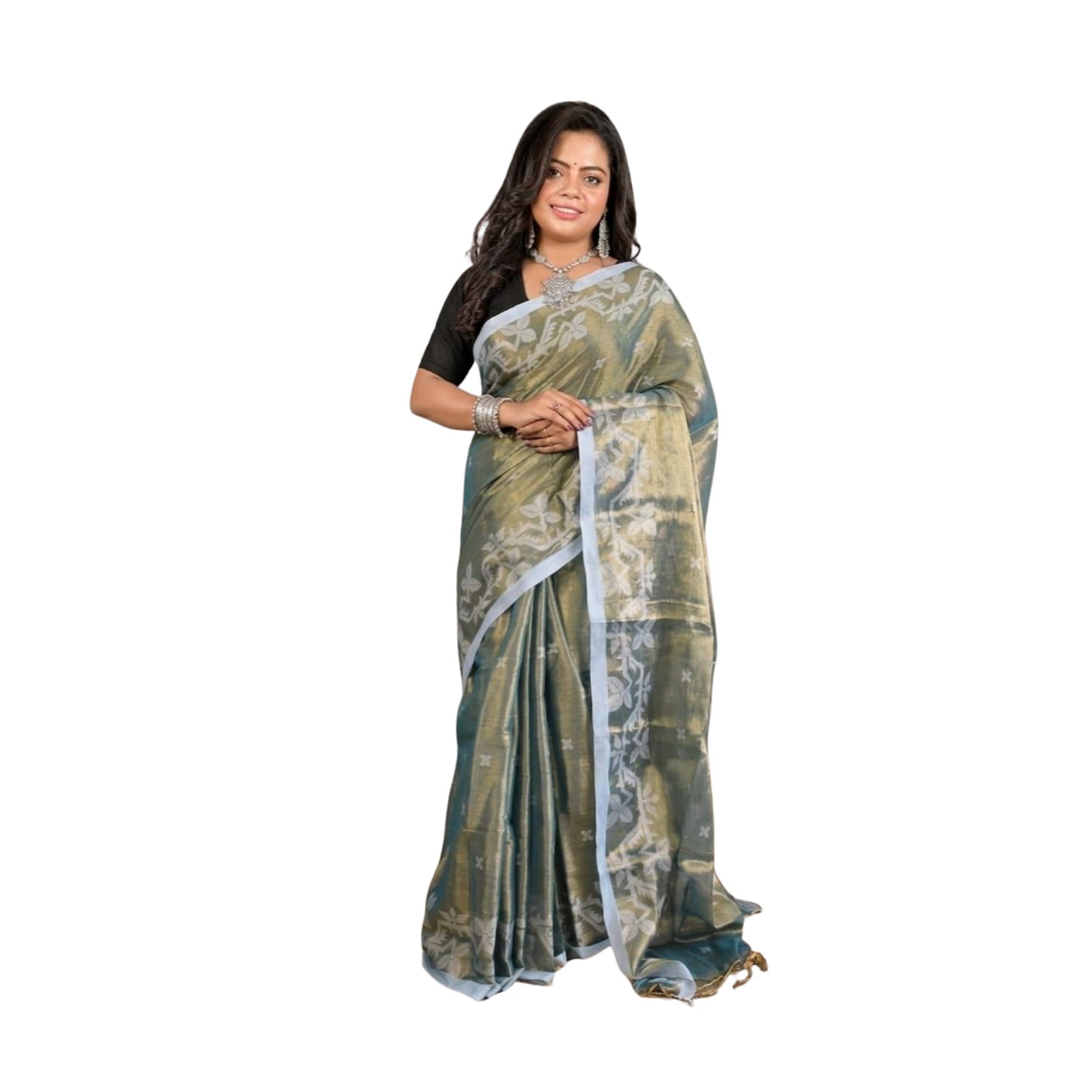 Woven, Floral Print, Self Design Handloom Tissue Saree-image-47
