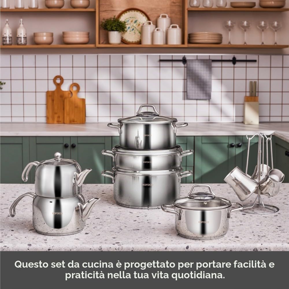 Karaca Belgrado - Set di 15 padelle per matrimonio, in acciaio inox, teiera, set di pentole