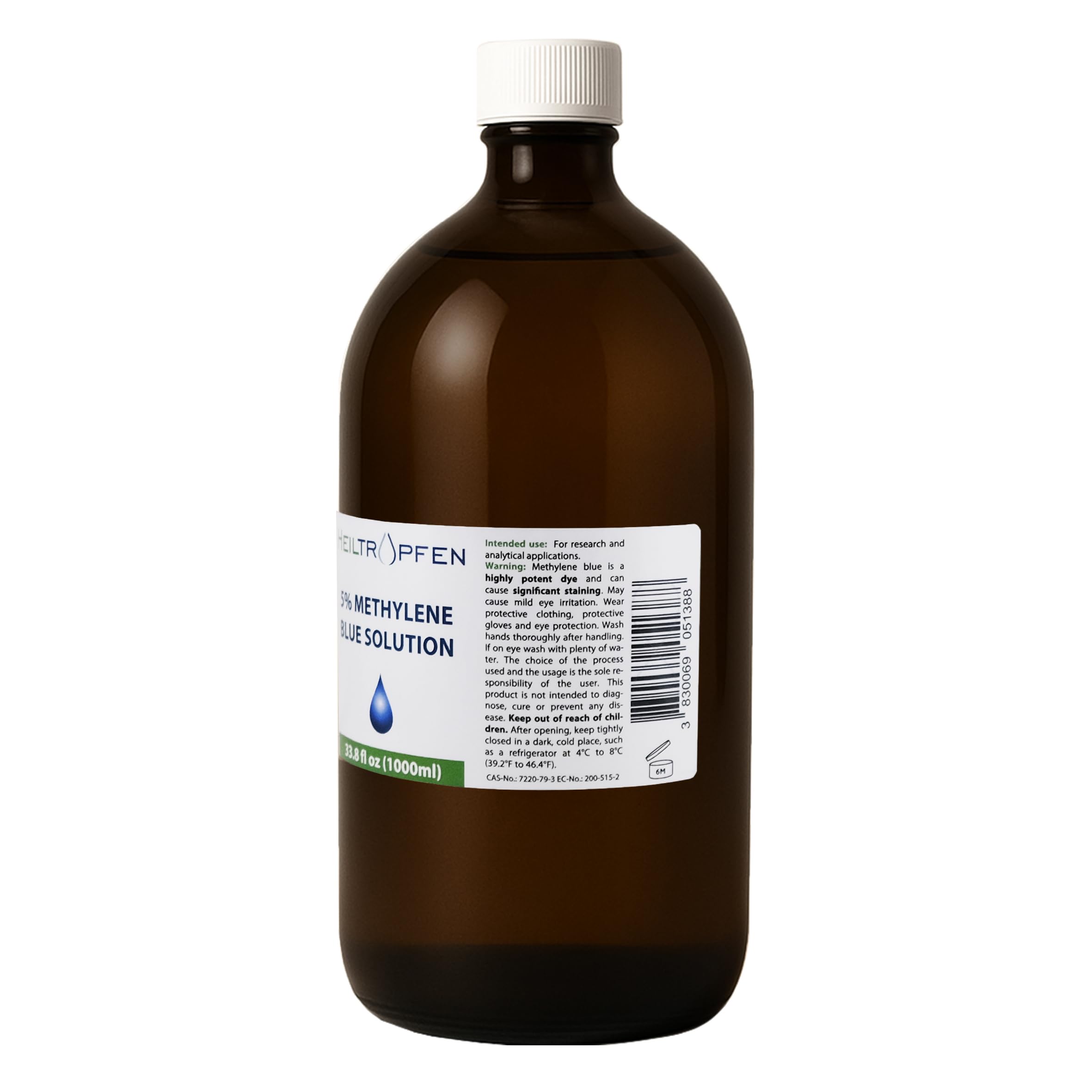 Solución de azul de metileno al 5%, 1000 ml | Ultraalta pureza | Ingredientes de grado farmacéutico USP - Probado por terceros | Sin formaldehído | Envase de vidrio | Heiltropfen