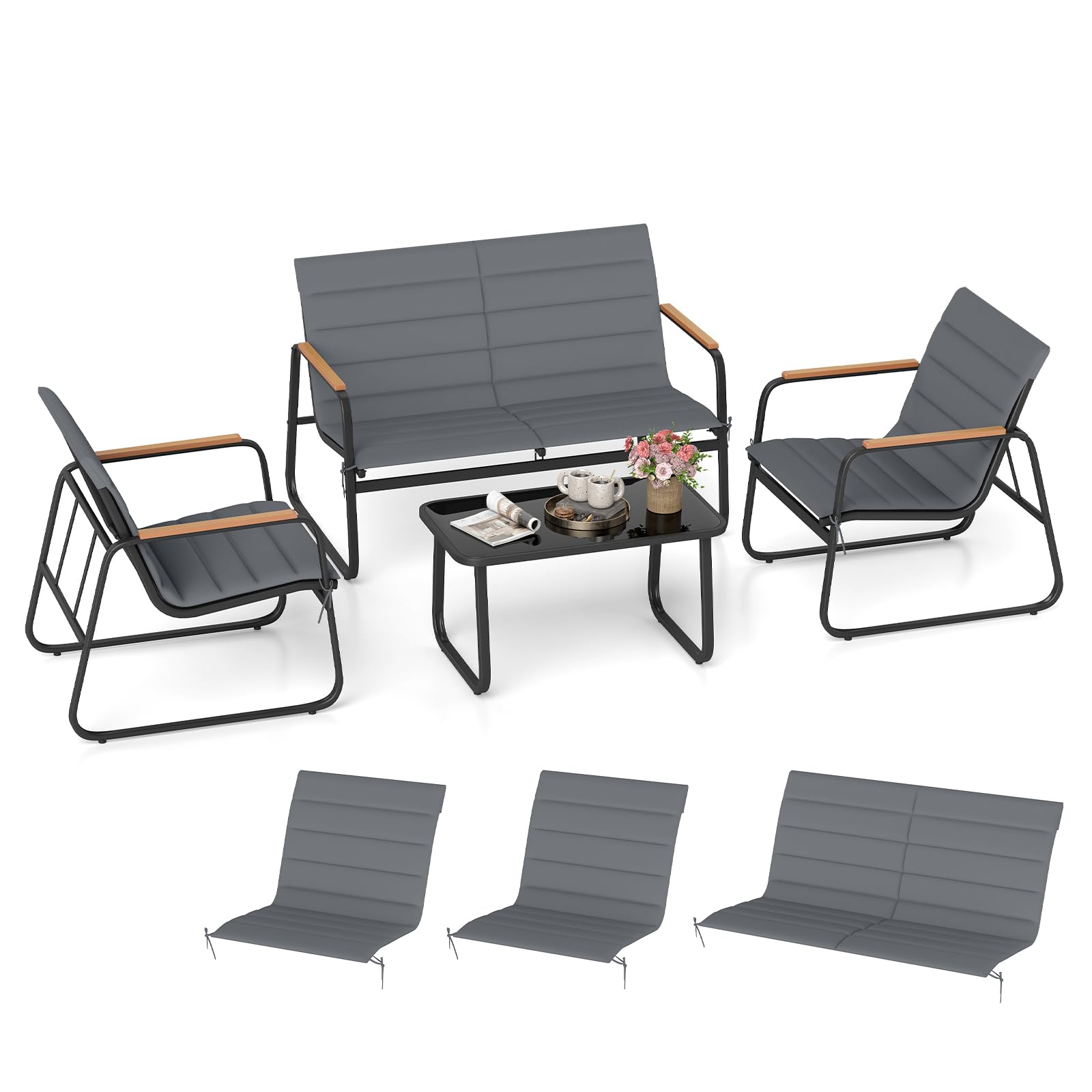 RELAX4LIFE Tavolo da Giardino con Sedie, 3 Poltrone con Braccioli in Legno Plastico e Cuscini Rimovibili/Lavabili, Struttura in Metallo, Tavolino in Vetro Temperato, Set Bistrò per Esterno (Modello 2)