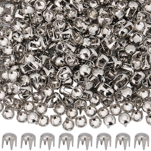 SUNNYCLUE 1 Box 400Pcs Rivet Dome Studs Round Clothing Studs 4mm Brass Platinum Four Claw Head Spike Prong Spots Mushroom Rivets Nailheads for Leather Craft Clothes Belt Bag Shoes DIY Accessories