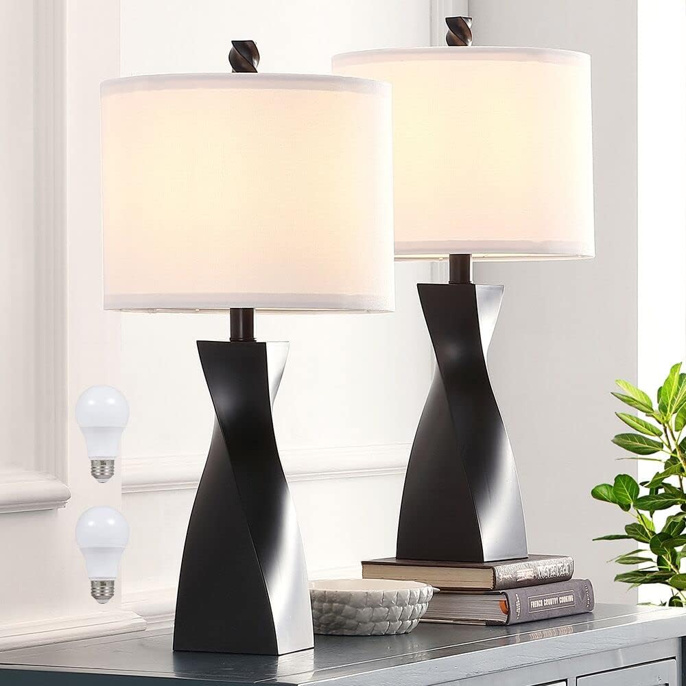 Table Lamp for Bedroom Living Room End Tables Set of 2,23.5" Black Bedroom Bedside Table Lamps for Nightstand with White Linen Shades,9.5W LED Bulbs Included (Black, Table lamp Set of 2)