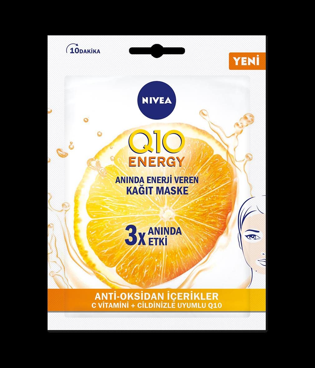 NIVEA Q10 Energy Kağıt Yüz Maskesi 1 Adet,Kırışıklık Karşıtı İnce Çizgiler,Nemlendirici,Anti-Oksidan,C Vitamini
