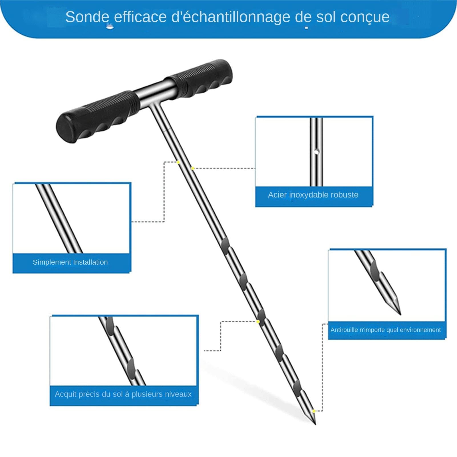 Sondes de sol pour l'échantillonnage du sol, échantillonneur de sol - Tige de sonde de terre en acier inoxydable avec poignée en T, gants inclus | Outil d'échantillonnage de noyau de sol réglable de 1
