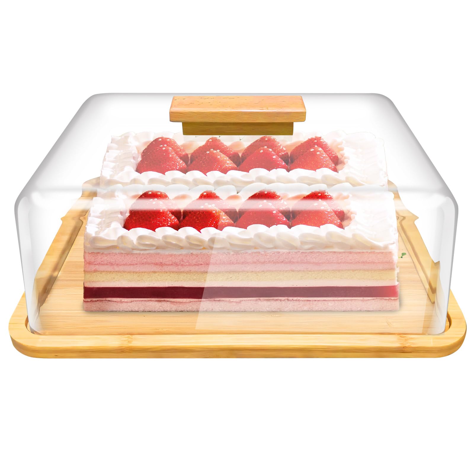 YedZen Cake Stand with Dome Lid, 36x27x12cm Bamboo Wood Cake Plate with Cover, Cake Display Stand with Clear Acrylic Dome for Anniversary, Birthday, Wedding, Party, Cheese, Café, Rectangular — image 1