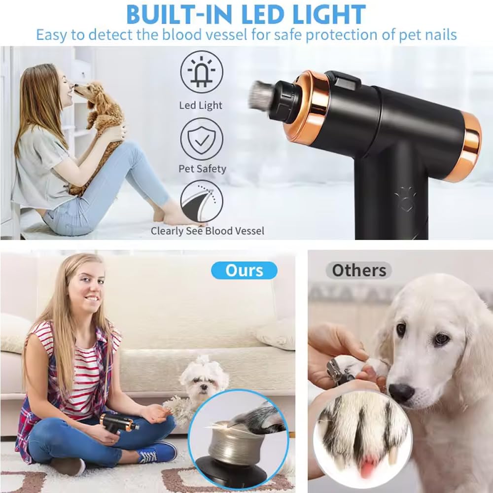 Molinillo de uñas para perros con luz LED, cortador de uñas eléctrico extremadamente silencioso, 2 velocidades, batería recargable de iones de litio, para perros y gatos pequeños, medianos y