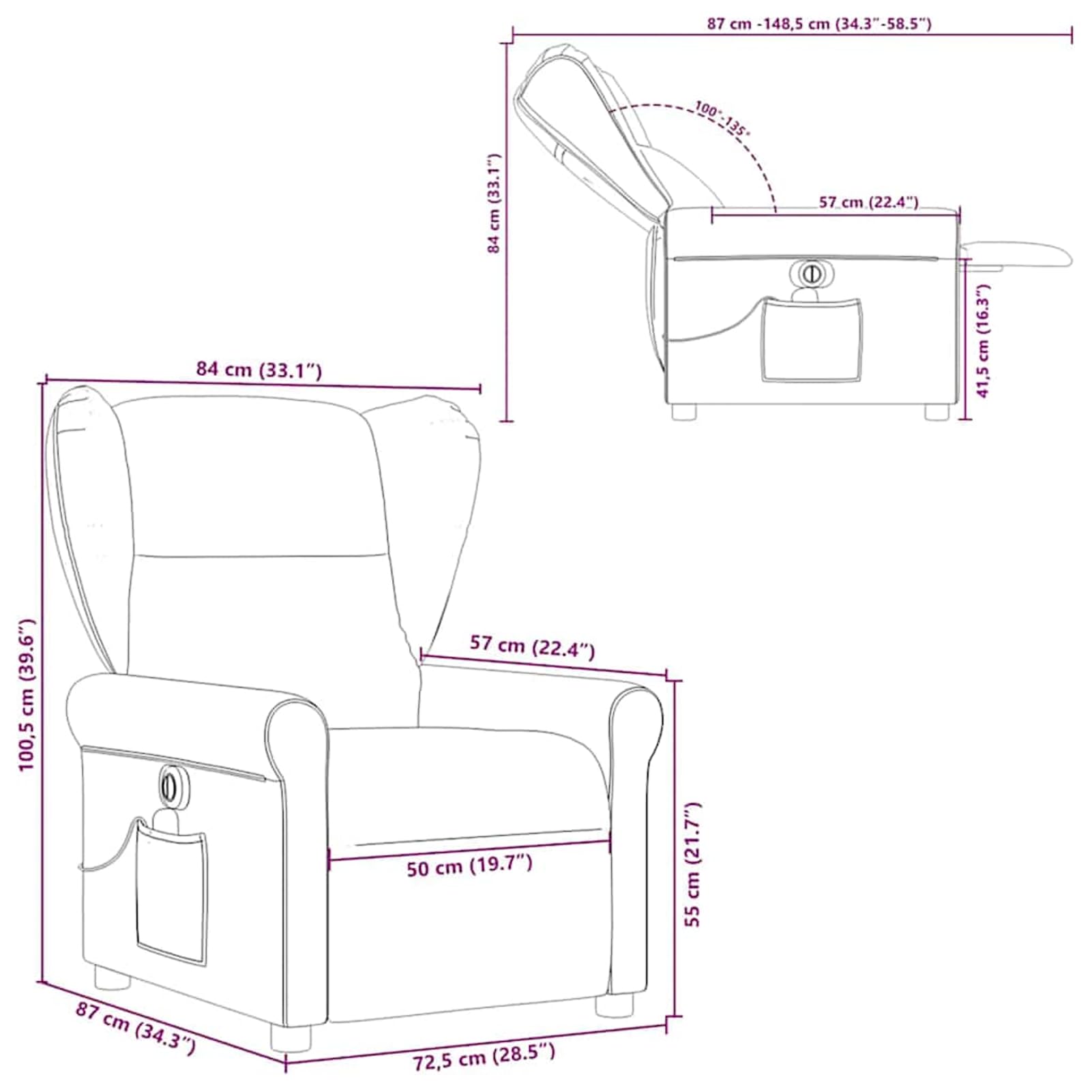 Fotel do masażu brązowy materiał funkcja leżenia z silnikiem 72,5 x 87 x 100,5 cm pozycja siedząca nośność 110 kg