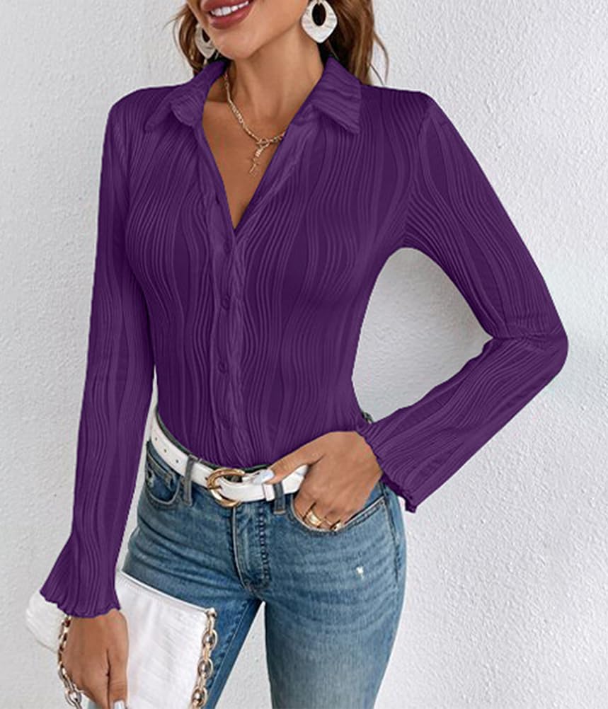 Camicia Plissettata Donna Manica Lunga Curvy Elegante Cerimonia Camice Avvitata Casacca Slim Fit Camicetta Blusa Aderente Chemisier Estiva Tessuto Morbido