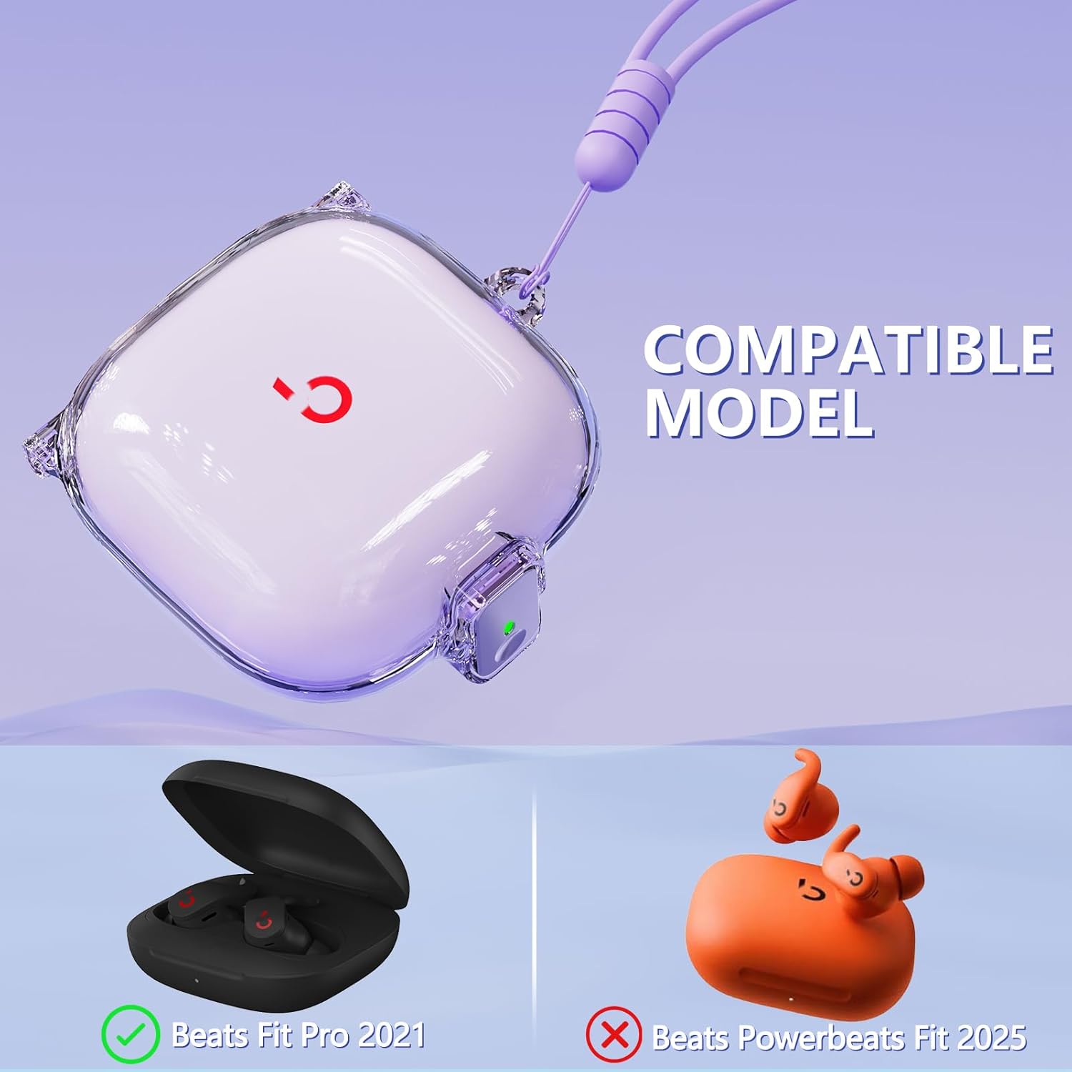 [with Safety Lock] for Beats Fit Pro Case Cover,Clear Case for Apple Beat Fit Pro 2021,Beat Fit Pro Accessories with Anti-Lost Keychain/Silicone Wrist Strap(Clear Purple) - Image 2