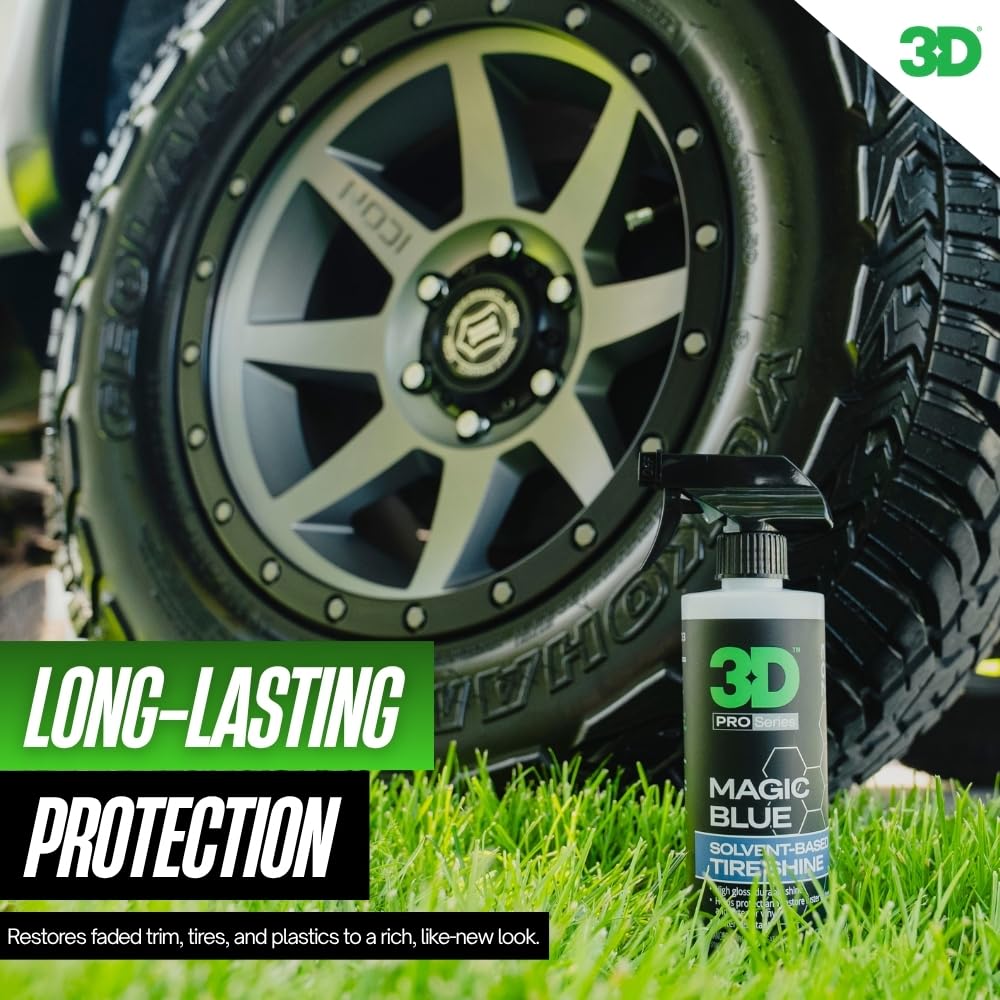 3D Magic Blue Tire Shine Spray - Water Resistant High Gloss Tire & Trim Dressing | Long Lasting Protection | No Sling, No Run Formula | Made in USA |16 oz