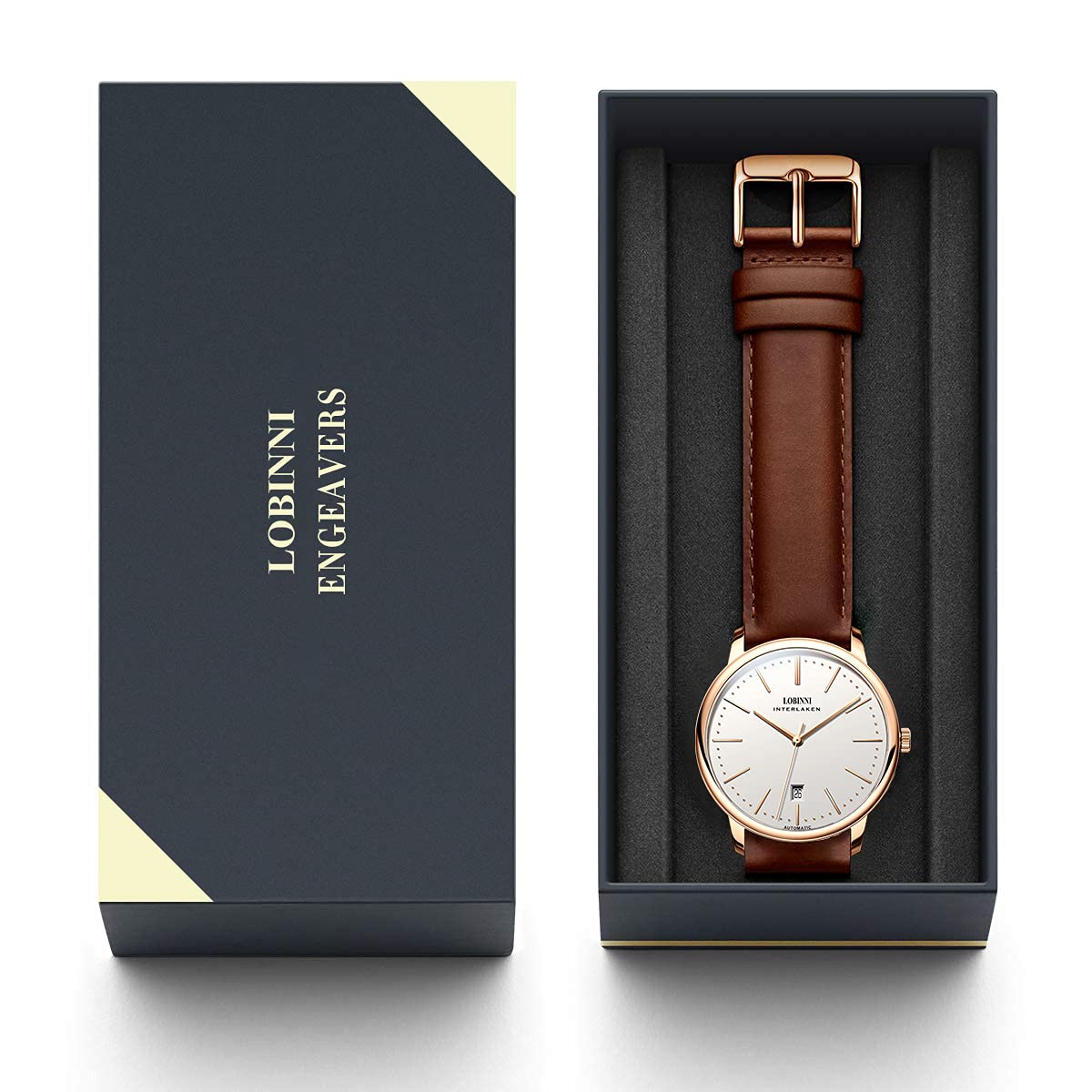 LOBINNI Orologio da polso da uomo, con fasi lunari, meccanico, automatico, impermeabile, alla moda, lussuoso, per uomo