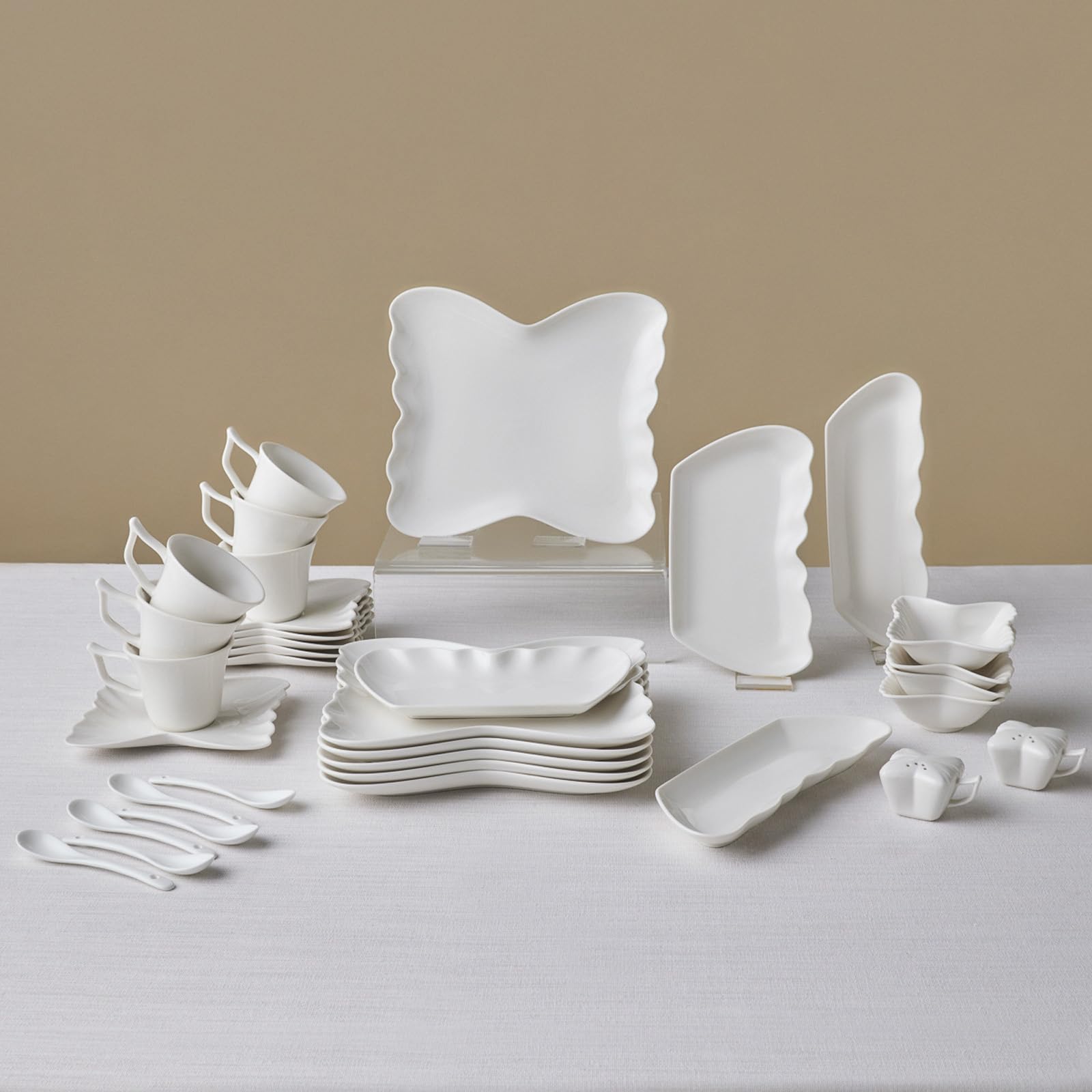 Karaca Stream Bone China Pieris 34-Piece Serveware Set for 6 People White, Elegant Luxury Breakfast Brunch Cups Saucers Plates Bowls, Modern Aesthetic Fine Ceramic Tableware Kit, Dishwasher Safe