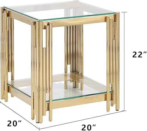 Miniatura 2 de Mesa de centro dorada de 20 pulgadas, mesa auxiliar con tapa de vidrio cuadrado de acero inoxidable, vidrio templado transparente para sala de