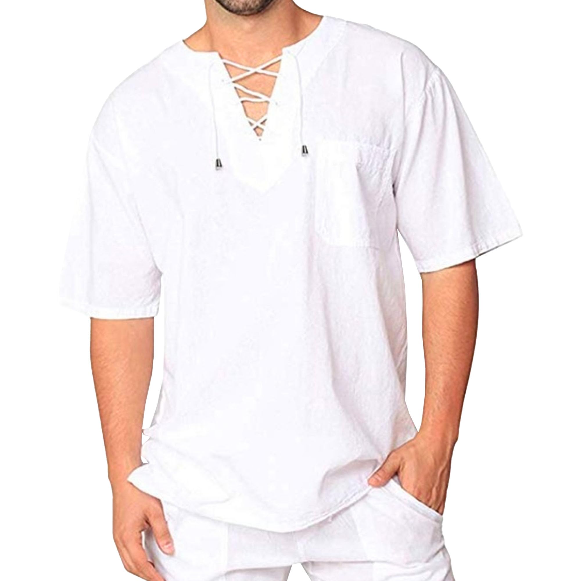 Men's Cotton Linen Drawstring Summer T-Shirts Lace Up Casual Solid Summer Tees Vintage Pocket Beach T-Shirt