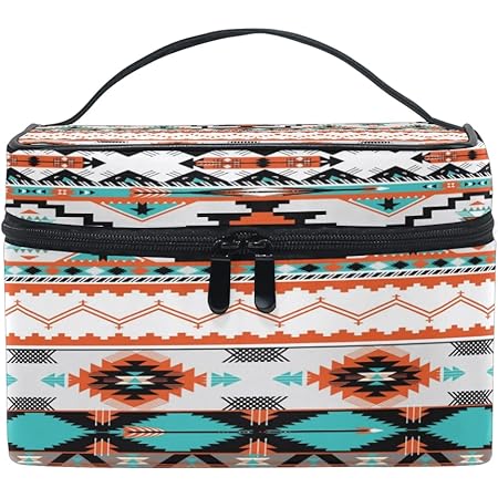 AUUXVATravel Cosmetic Bag Ethnic Geometric Chevron Aztec Makeup Bag Large Organizer Portable Toiletry Bag Storage Train Case Zipper Brush Bag for Women and Girls