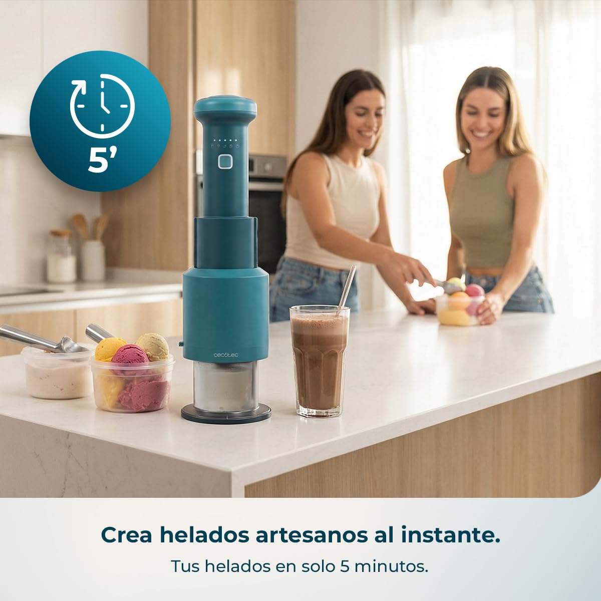 Cecotec Máquina de Helados - Heladera de Mano - Gelatec Easymove. 250W, 5 Programas, Mezcla Vertical Cremosa, Helados, Sorbetes y Bebidas en 3 Pasos, 3 Tarrinas 260ml, Cuchilla Separable