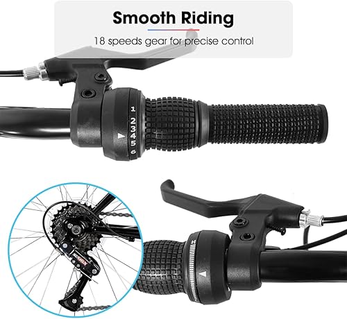 Miniatura 4 de HILAND Bicicleta de montaña de 24 y 26 pulgadas para hombres y mujeres, marco de acero de alto carbono de 18 velocidades, bicicleta deportiva de