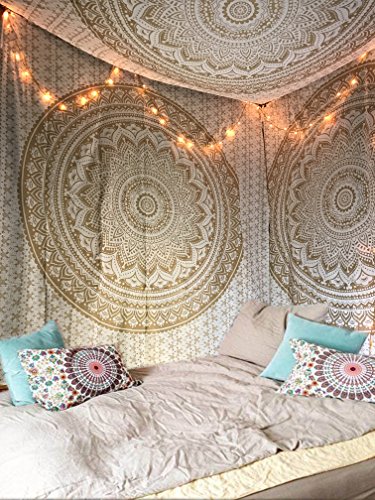 raajsee Wandteppich Mandala,Zimmer Deko, Weißes Gold Wandtuch Boho WandDeko,Wandbehang Psychedelic 132X208 CM