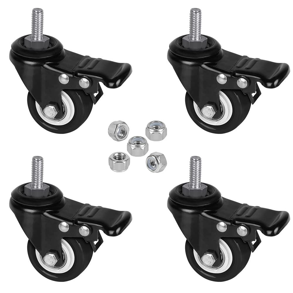 8T8Stem Casters with Brake,Heavy Duty Swivel Threaded Stem Casters,5/16”-18x1”(NOT Metric M8) Stem Casters with Brake for Carts,Dual Lock Stem Casters Loading 300Lbs,NO Noise,Multi Nuts Choice