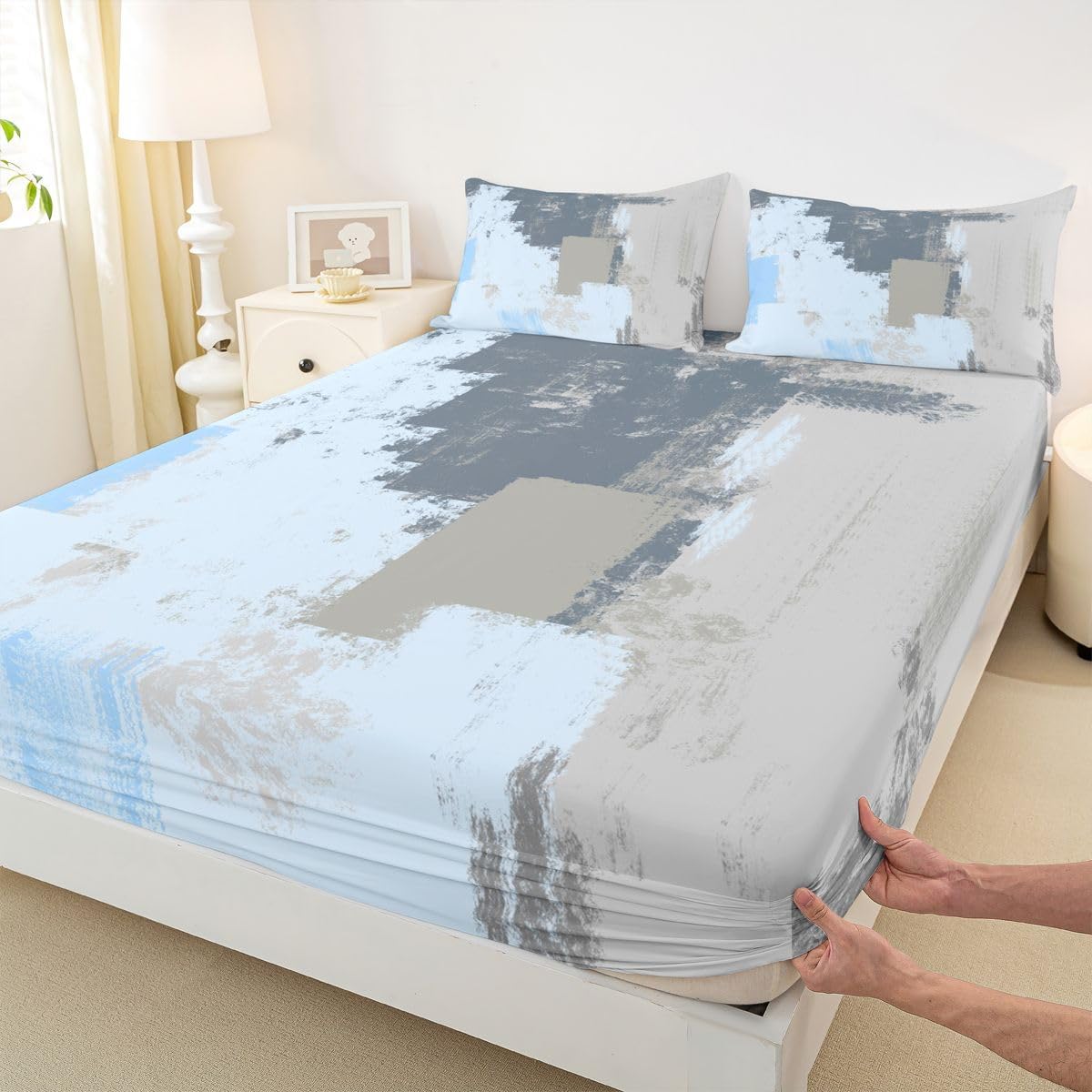 Blue Grey White Fitted Sheet Twin Size Kids Abstract Art Bedding Set for Boys Teens Geometric Bed Sheet Set Stripes Modern Bed Cover Room Decor - Image 4