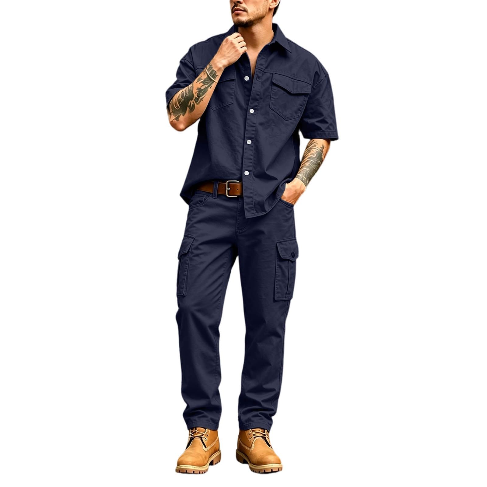 Tuta da jogging da uomo, pantaloni cargo corti | Camicia da lavoro da uomo con abbottonatura, multitasche, robusta, per giardinaggio, fai da te, all'aperto, leggera e comoda