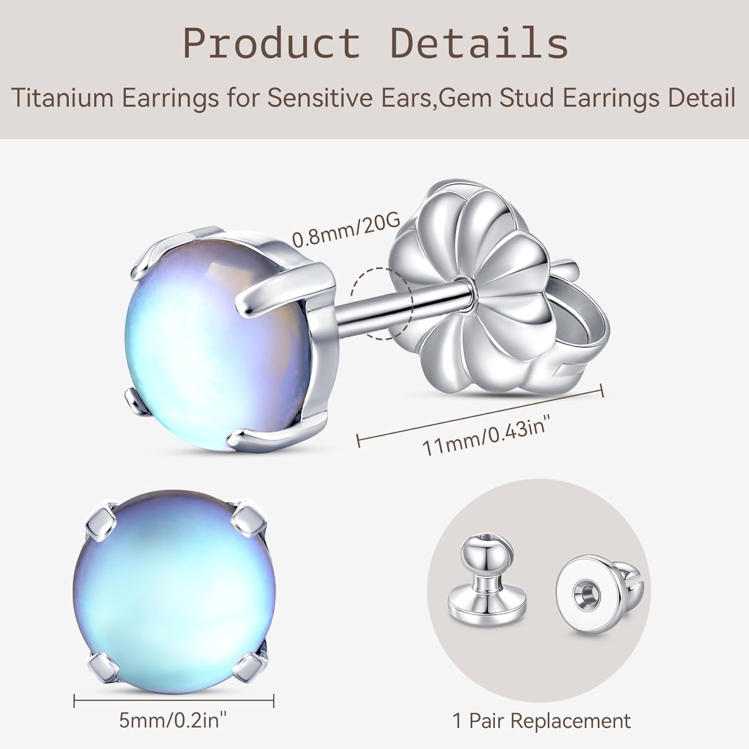 Limerencia G23 Hypoallergenic Pure Titanium Earrings, Opal/Moonstone/Cat's Eye/Blue Turquoise Stud Earrings, F136 Implant Grade|Delicate Jewelry for Sensitive Ears - Image 2