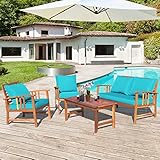 Tangkula 4 PCS Acacia Wood Patio Furniture Set, Outdoor Seating Chat Set w/Gray Cushions Back Pillow, Outdoor Conversation Set w/Coffee Table for Garden, Backyard, Poolside (Turquoise)