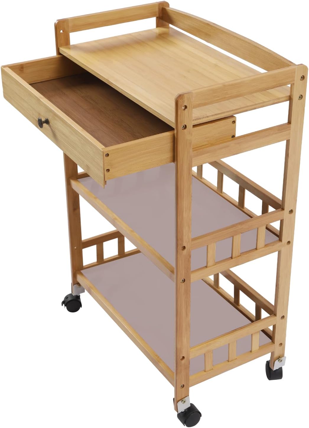 3 Tiers Bamboo Home Rolling Kitchen Trolley w/Storage Drawer Stand, Bamboo Kitchen Storage Cart, Natural Appearance, Rounded Corners, for Kitchen, Bathroom,Laundry,Living Room