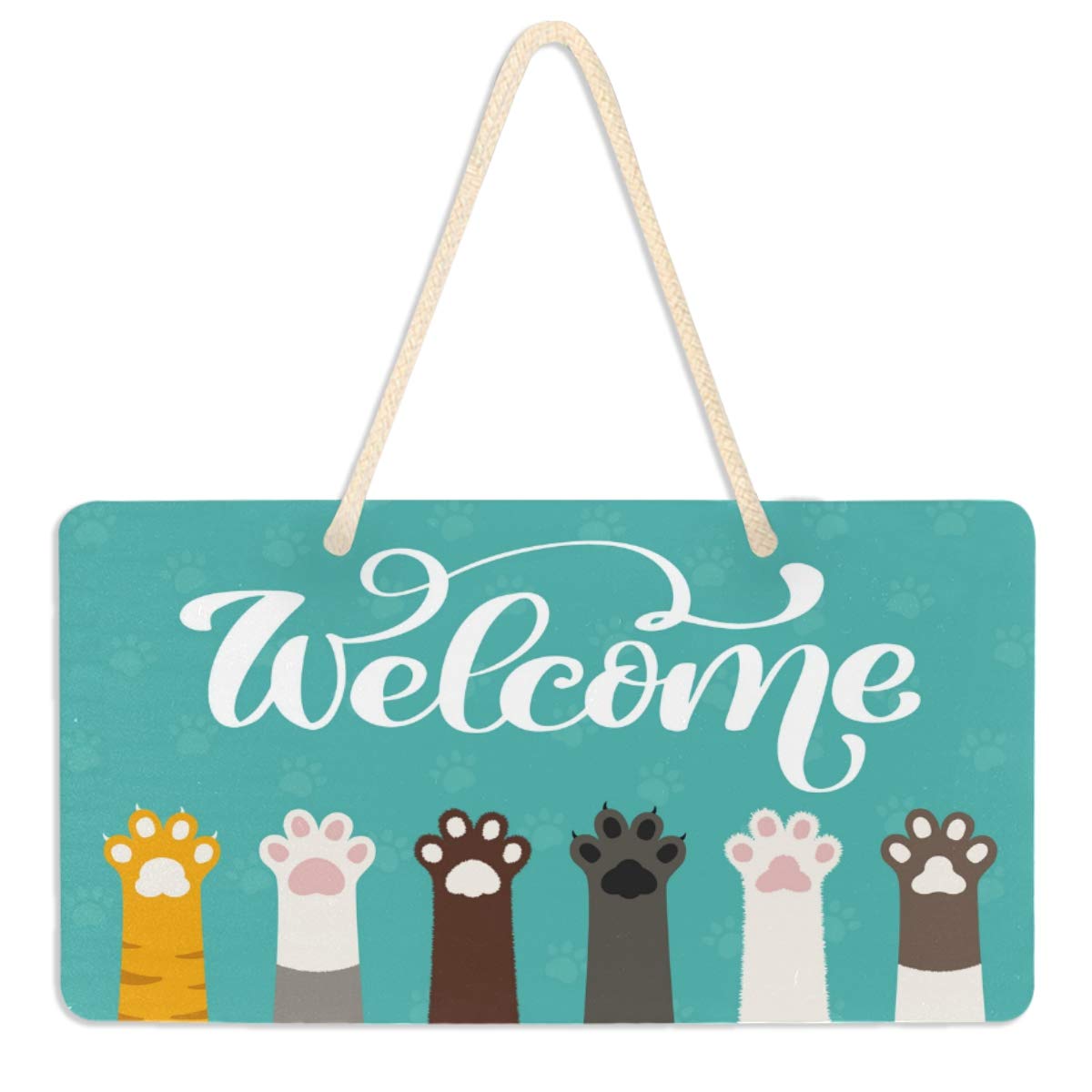 Vdsrup Cute Cat Paws Door Sign Plaque Kitty Kitten Footprint Welcome Wall Hanging Signs Front Door Decor Home Decorative Door Hanger for Bedroom Porch Yard 6