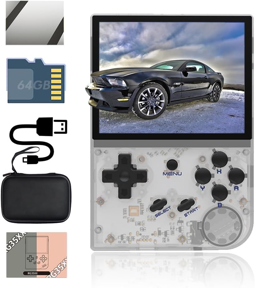 RG35XX Handheld Game Console 3.5 inch IPS Retro Games Consoles Classic Emulator Hand-held Gaming Console Preinstalled Hand Held Video Games System with Portable Case 64GB Transparent White