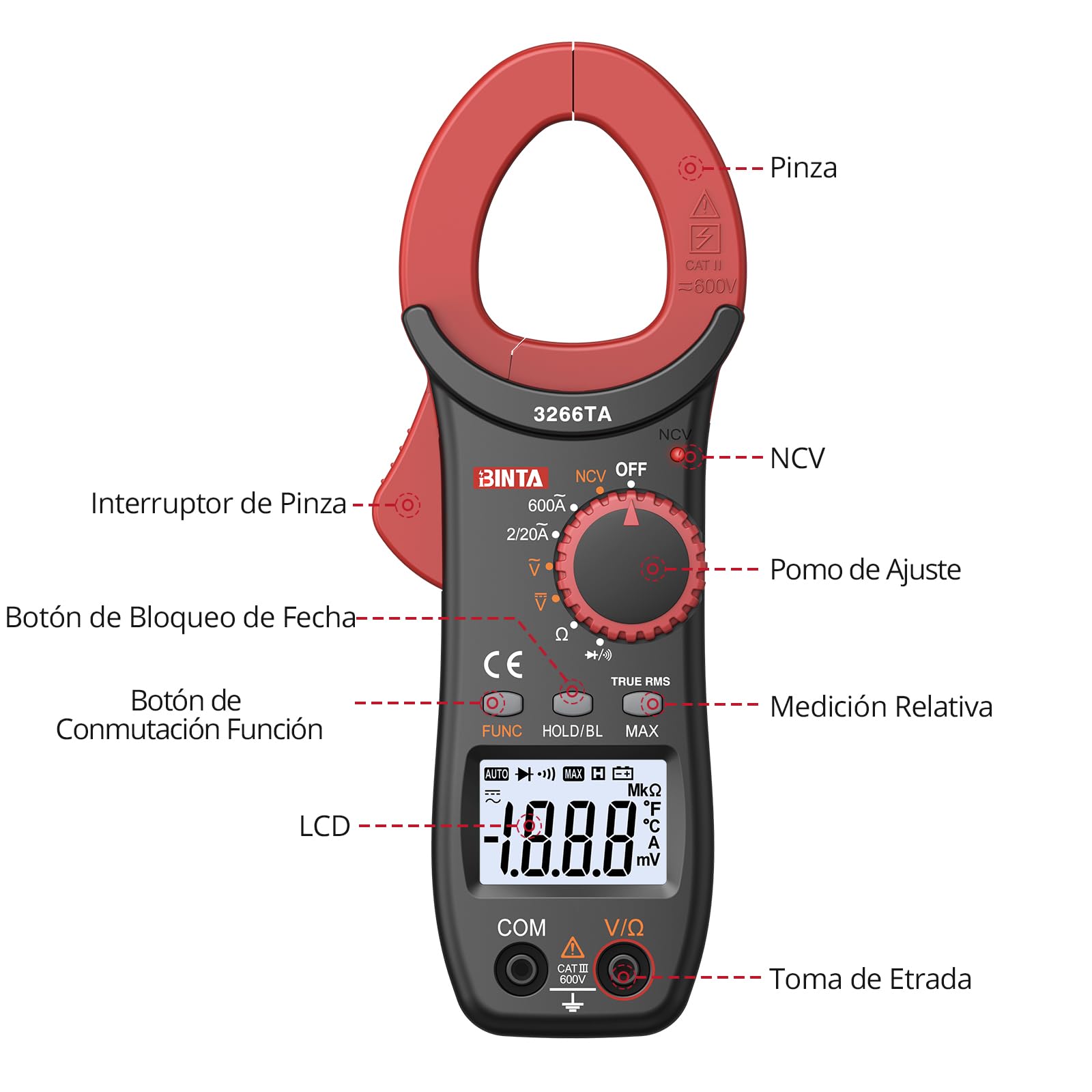 BINTA Pinza Amperimétrica, 600A 2000 Cuentas Pinza Multímetro Digital Profesional NCV TRMS Mide Voltaje CA/CC, Corriente Electricidad, Resistencia, Diodo, Función de Continuidad - con Iluminación